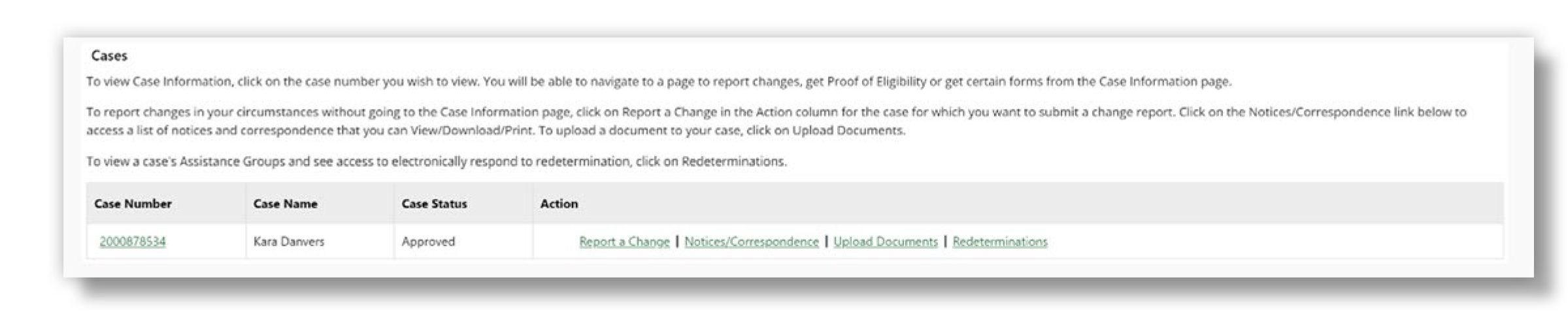 Screenshot of the Case Information Page on the FSSA Benefits Portal