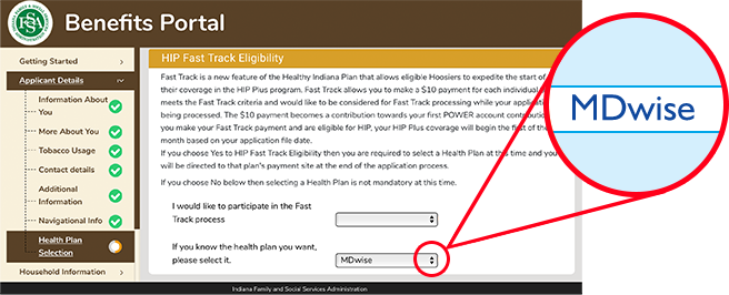 Screenshot of Indiana Family and Social Services Administration enrollment website
